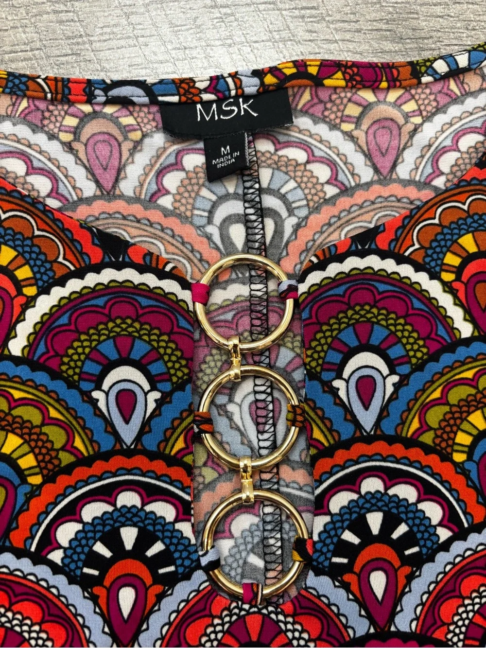 MSK Multicolor Scallop-Print Dress with Gold Ring Detail